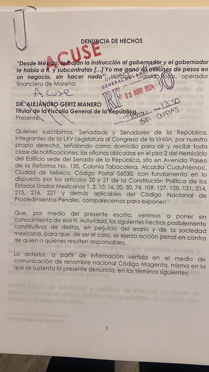 Senadores del PAN denuncian ante la FGR presunto financiamiento ilegal a campañas de Morena