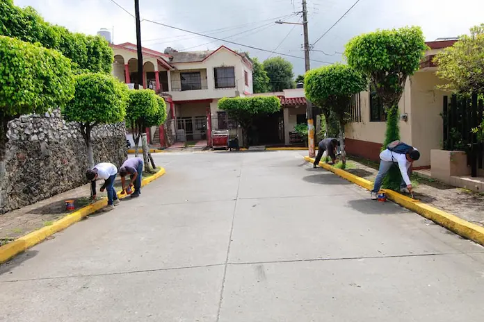 Limpieza y rehabilitación en pintura de guarniciones y banquetas del centro de la ciudad de Santiago Tuxtla