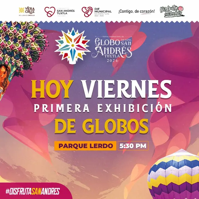 Primera gran exhibición de globos en el parque Lerdo en San Andrés Tuxtla