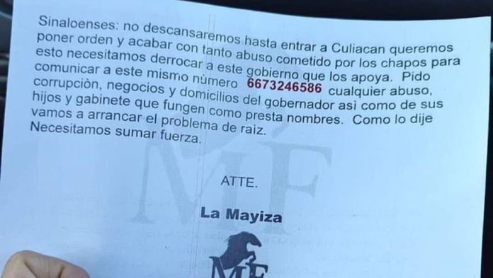 Reportan entrega de volantes de La Mayiza contra Los Chapitos y Rubén Rocha Moya en Sinaloa: “Queremos poner orden”