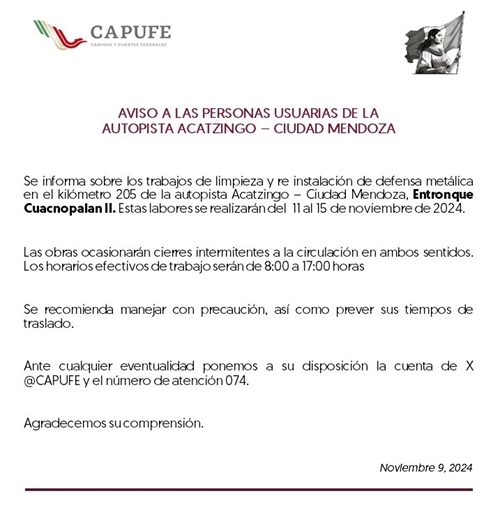 Anuncian cierres intermitentes por una semana en autopista Veracruz – Puebla