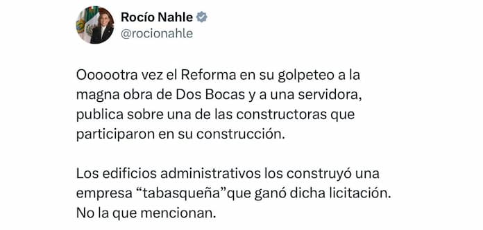 Nahle desmiente una vez más a Reforma por tema Dos Bocas; es golpeteo, afirma vía X