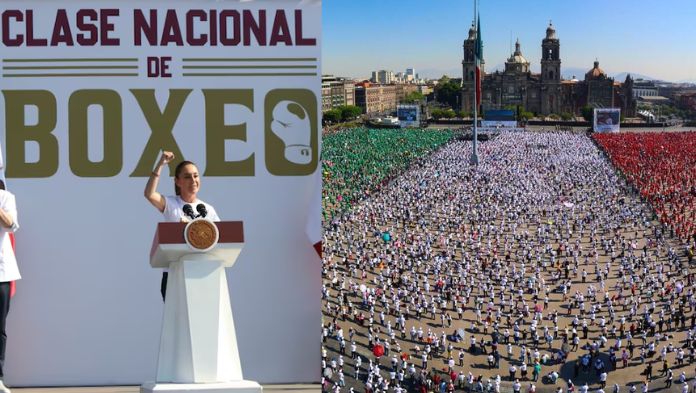 Sheinbaum encabeza clase nacional de boxeo en el Zócalo