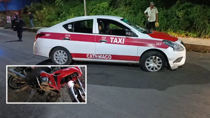 Accidente en Catemaco entre taxi y motocicleta deja un lesionado