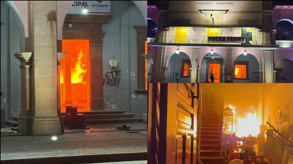 Manifestantes incendian Palacio Municipal de Apatzingán, mientras viuda de Carlos Manzo llama a protestas pacíficas