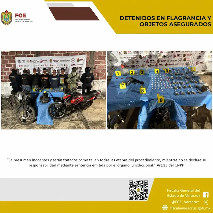 En San Andrés Tuxtla, FGE realiza cateo en taller mecánico y asegura motocicletas, armas y drogas.