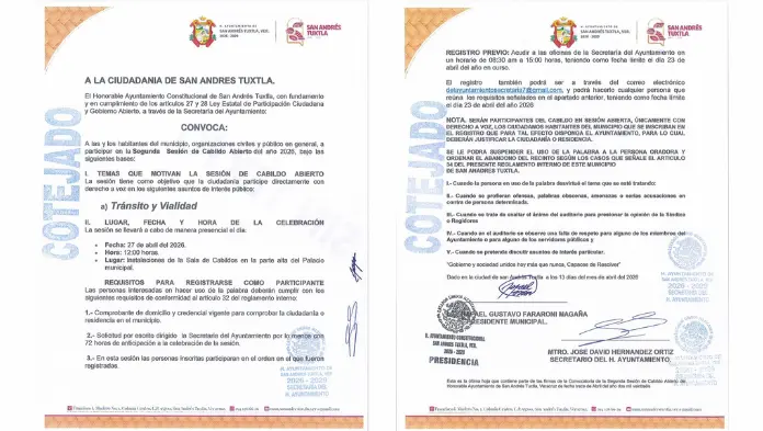 #Convocatoria | El H. Ayuntamiento de San Andrés Tuxtla invita a la ciudadanía a participar en la Segunda Sesión de Cabildo Abierto 2026.