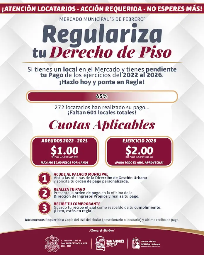 📢 ¡Atención, locatarias y locatarios del Mercado Municipal «5 de Febrero»!